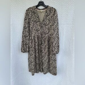 Boden Women’s Button  Floral V Neck Long Sleeve Knee Length Black Sz 12L Pockets